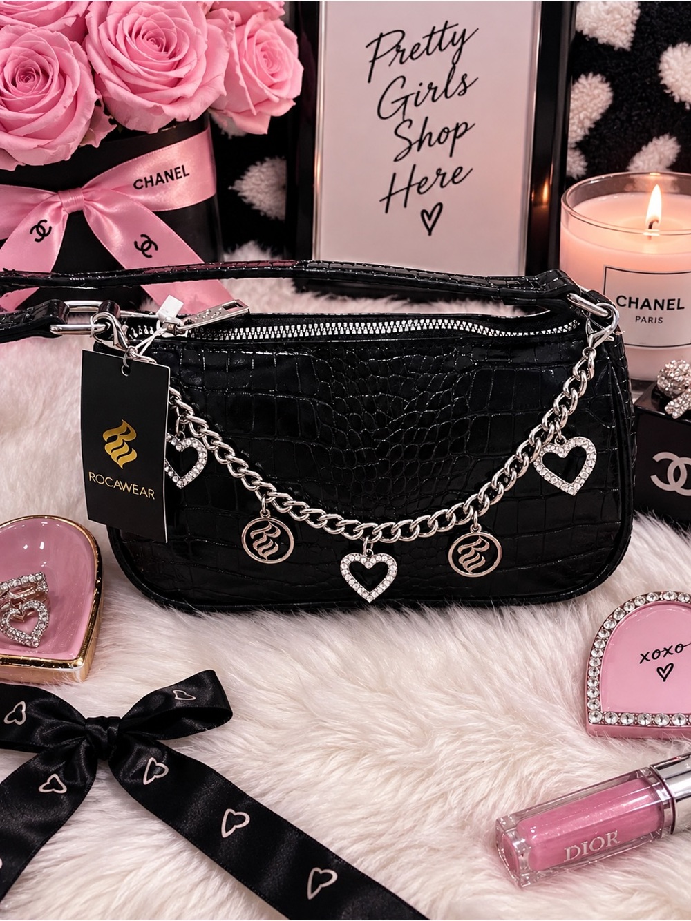 Rocawear Black Croc-Embossed Mini Shoulder Bag with Heart Charm Chain